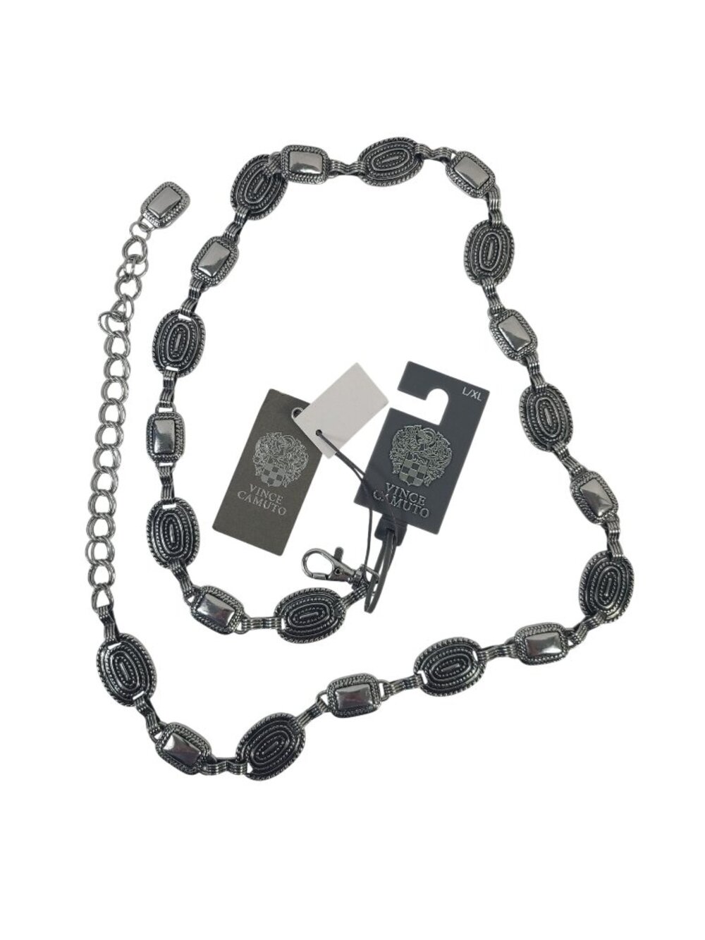 NEW Vince Camuto Silver-Tone Chain Belt Etched Oval & Rectangle Links Sz L/XL